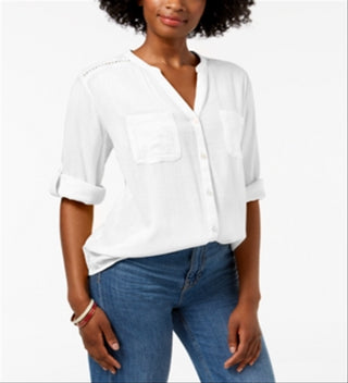 Charter Club Women's Split Neck Utility Shirt White Petite Medium