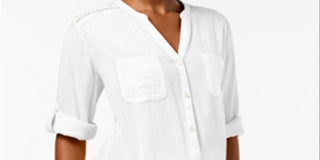 Charter Club Women's Split Neck Utility Shirt White Petite Medium