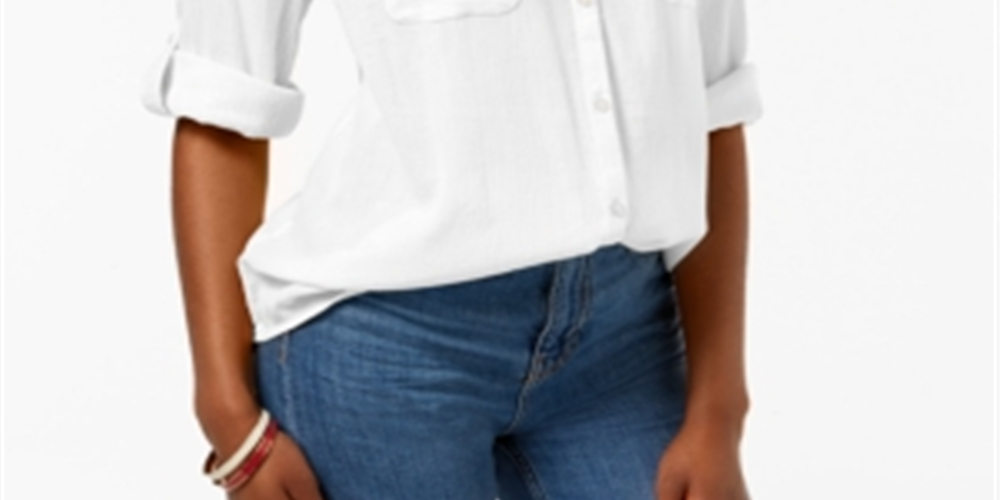 Charter Club Women's Split Neck Utility Shirt White Petite Medium