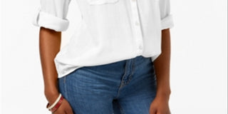 Charter Club Women's Split Neck Utility Shirt White Petite Medium