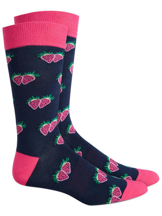 Bar III Men's Strawberries Printed Arch Support Dress Socks Blue Size Regular