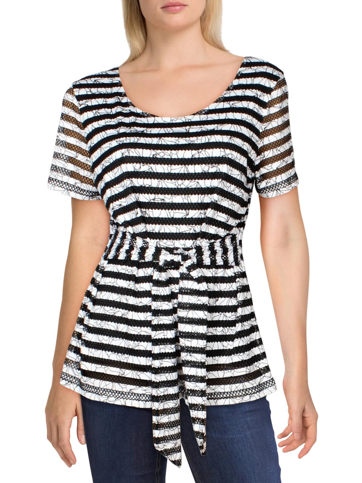 Alfani Women's Textured Striped Tie Waist Top Black Size Medium