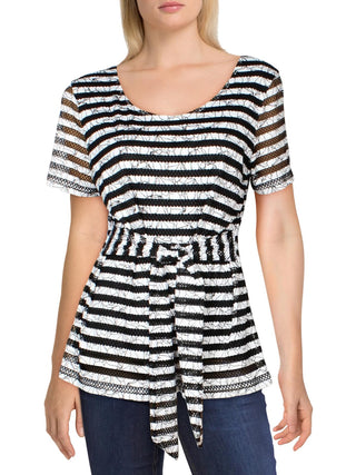 Alfani Women's Textured Striped Tie Waist Top Black Size Medium