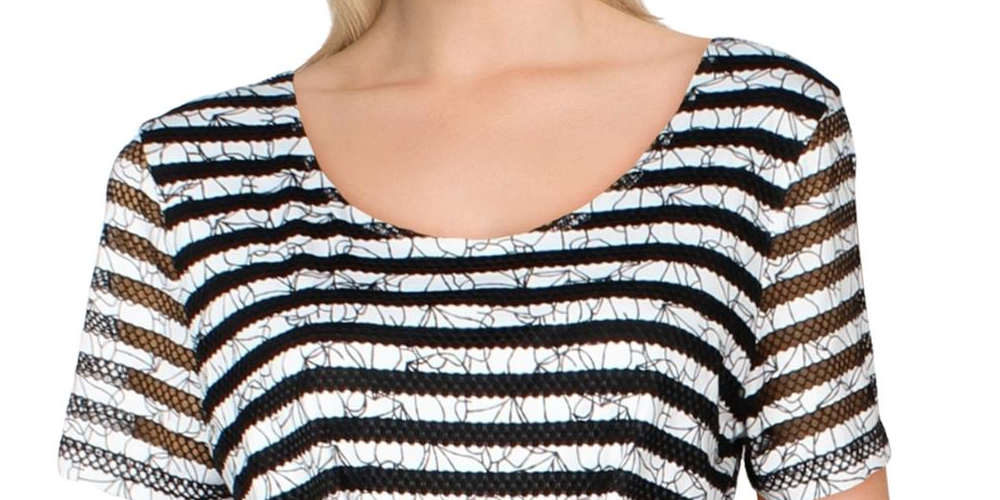 Alfani Women's Textured Striped Tie Waist Top Black Size Medium