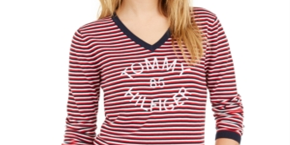 Tommy Hilfiger Women's Cotton Striped V Neck Sweater Blue Size M