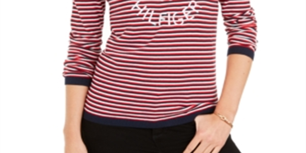 Tommy Hilfiger Women's Cotton Striped V Neck Sweater Blue Size M