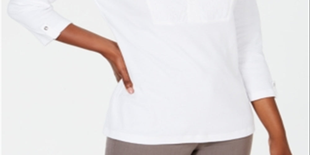 Karen Scott Women's Cotton Eyelet Yoke Top White Size Medium