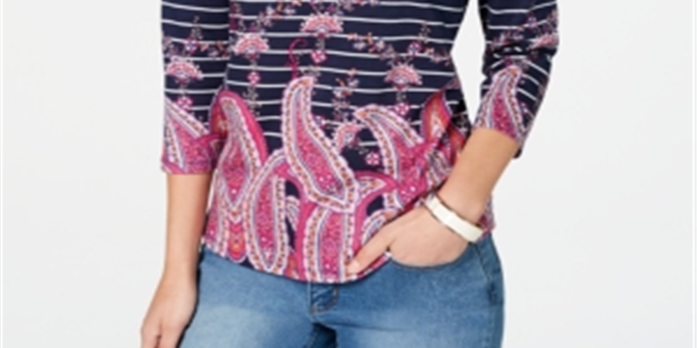 Charter Club Women's Striped Paisley Print Top Blue Size XX-Large