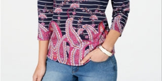 Charter Club Women's Striped Paisley Print Top Blue Size XX-Large