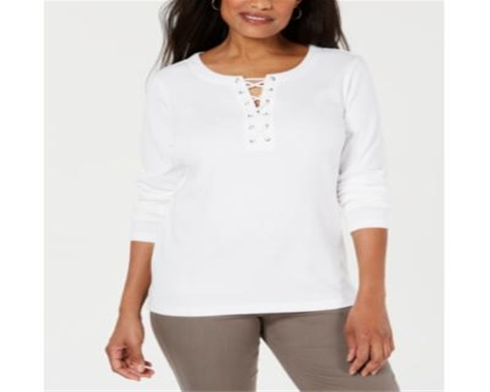 Karen Scott Women's Cotton Lace up Top White Size Small