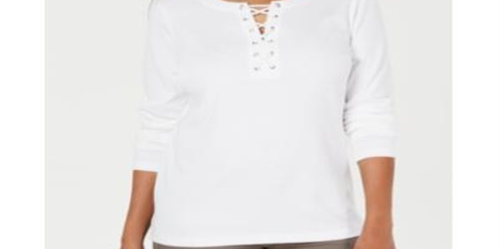 Karen Scott Women's Cotton Lace up Top White Size Small