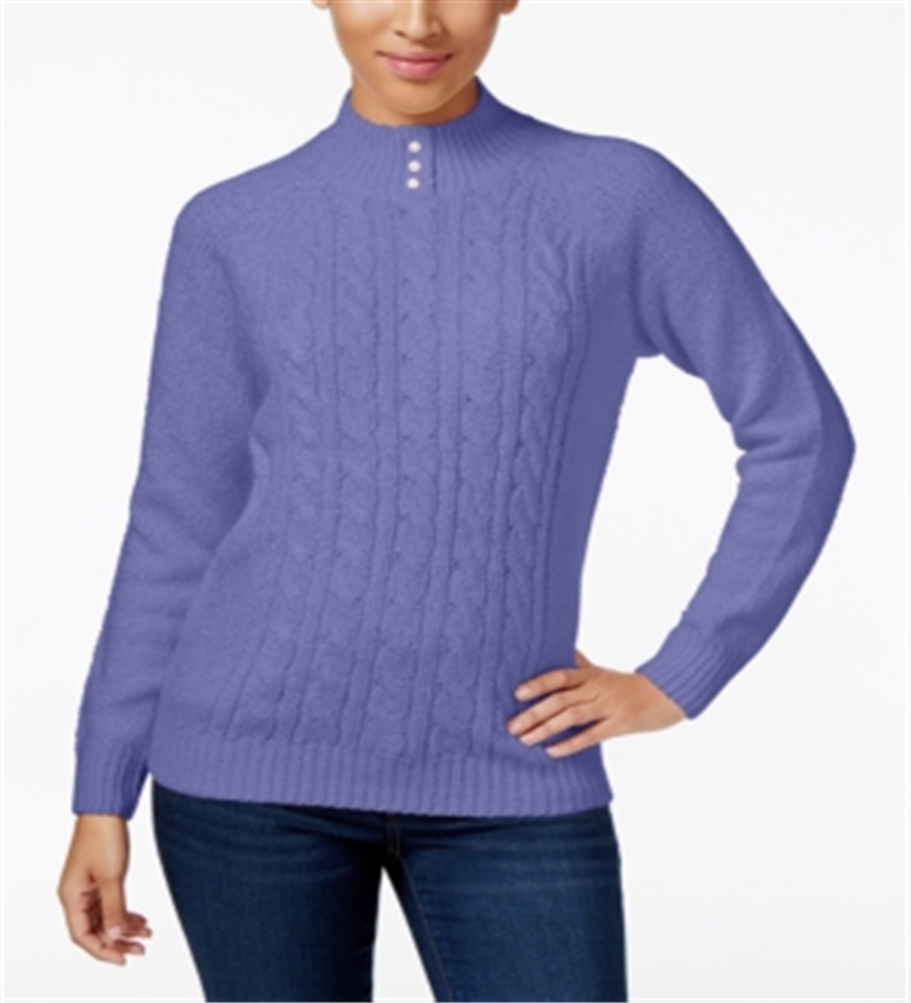 Karen Scott Women's Cable Knit Faux Pearl Button Sweater Purple Size Small