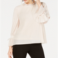 Alfani Women's Textured Stripes Embellished Neck Top Red Size Petite Medium