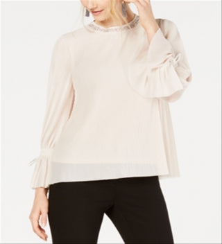 Alfani Women's Textured Stripes Embellished Neck Top Red Size Petite Medium