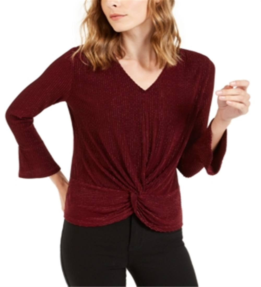 Alfani Women's Metallic Striped Knot Front Top Red Size Petite Medium