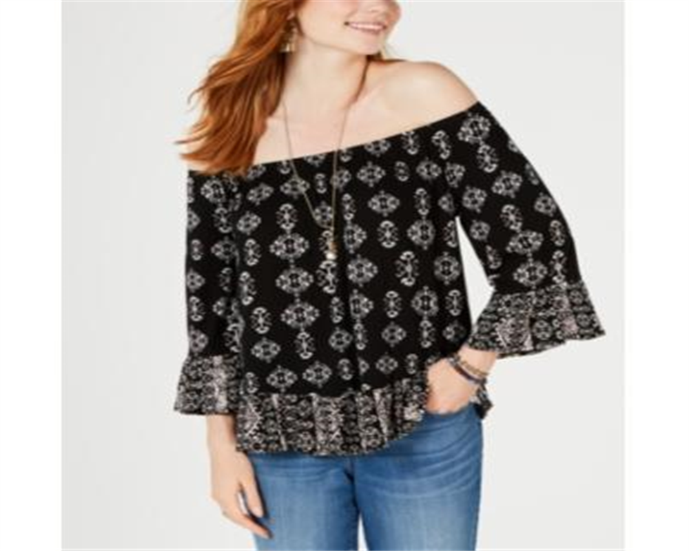 Style & Co Women's Printed Off the Shoulder Top Navy Floral Size Petite L