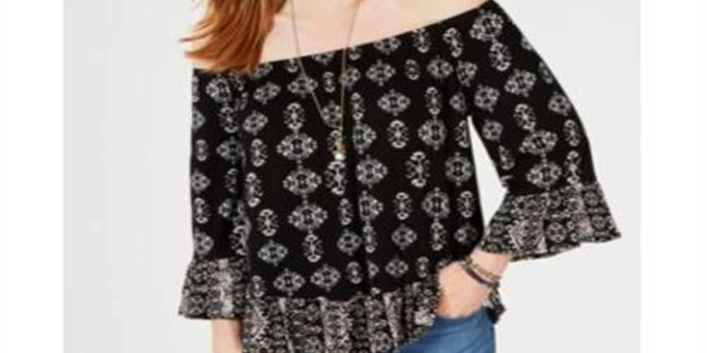 Style & Co Women's Printed Off the Shoulder Top Navy Floral Size Petite L