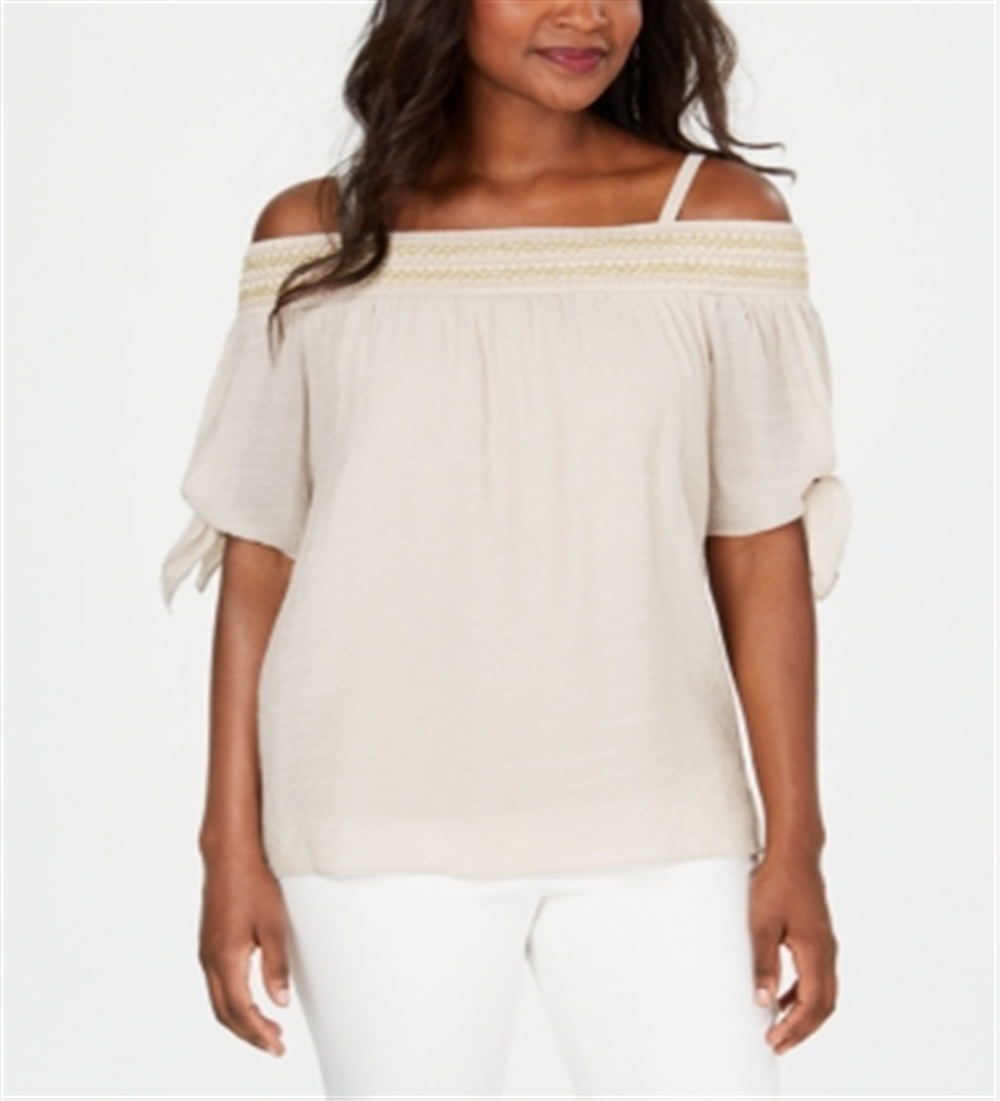 JM Collection Women's Smocked Off the Shoulder Gauze Top Brown Size Medium