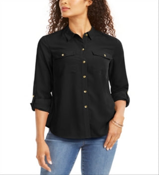 Charter Club Women's Solid Button up Shirt Black Size Petite L