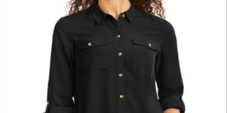 Charter Club Women's Solid Button up Shirt Black Size Petite L