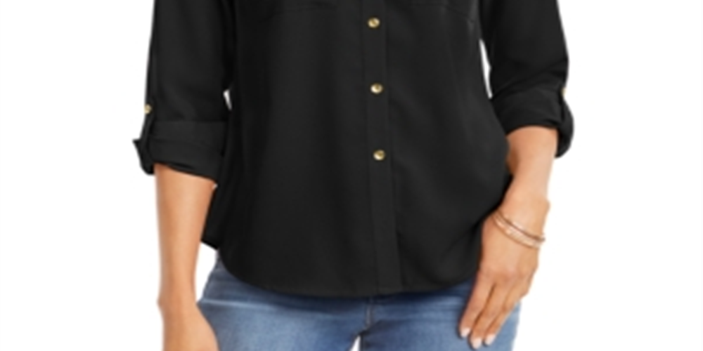 Charter Club Women's Solid Button up Shirt Black Size Petite L
