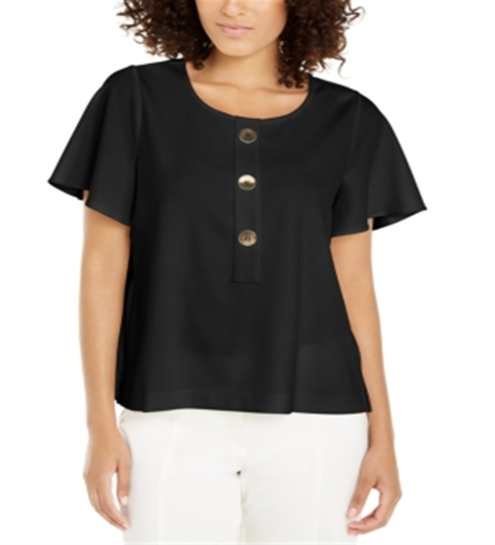 Alfani Women's Button Front Flutter Sleeve Top Black Size Petite L