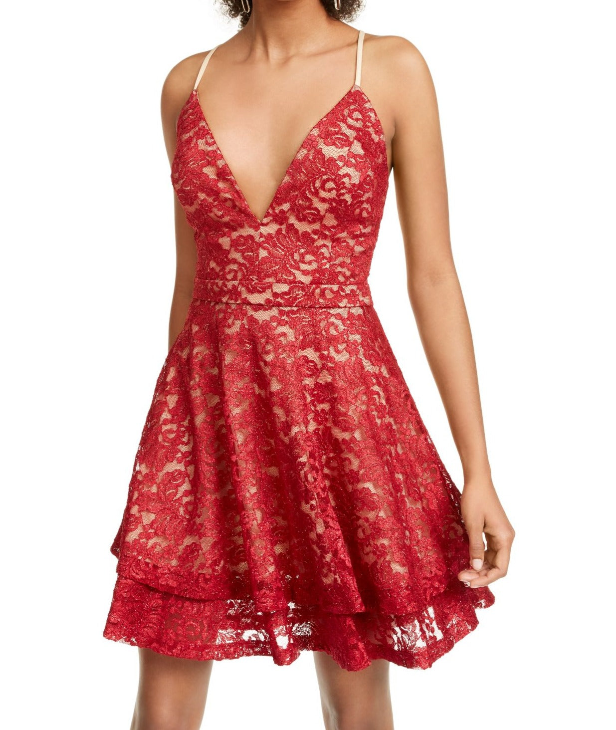 Emerald Sundae Junior's Glitter Lace Racerback Dress Red Size XX-Small