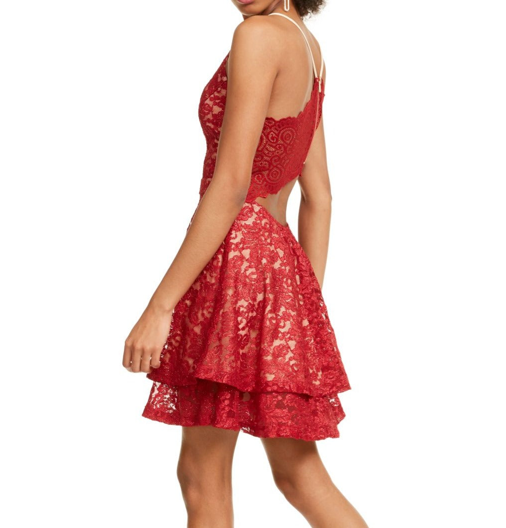 Emerald Sundae Junior's Glitter Lace Racerback Dress Red Size XX-Small