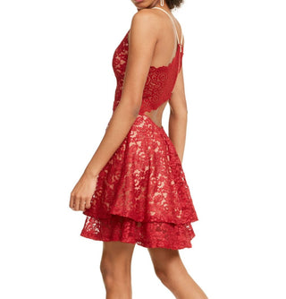 Emerald Sundae Junior's Glitter Lace Racerback Dress Red Size XX-Small
