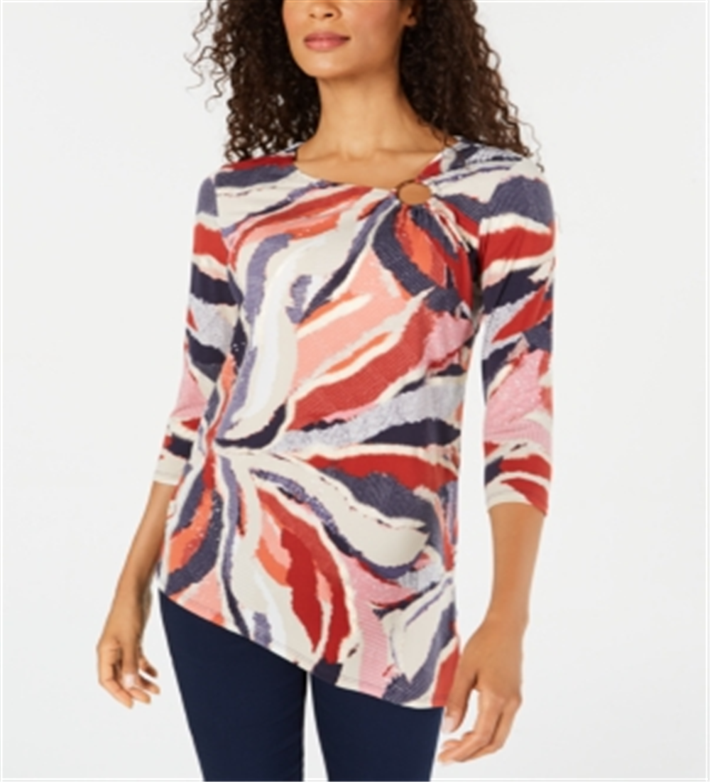 JM Collection Women's Printed Asymmetrical Top Red Multi Size Petite S