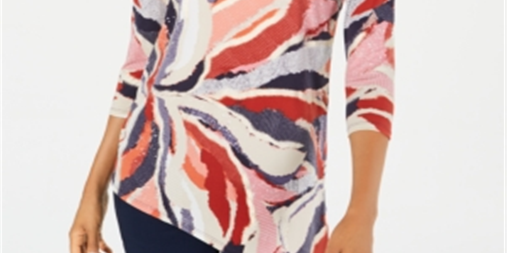 JM Collection Women's Printed Asymmetrical Top Red Multi Size Petite S