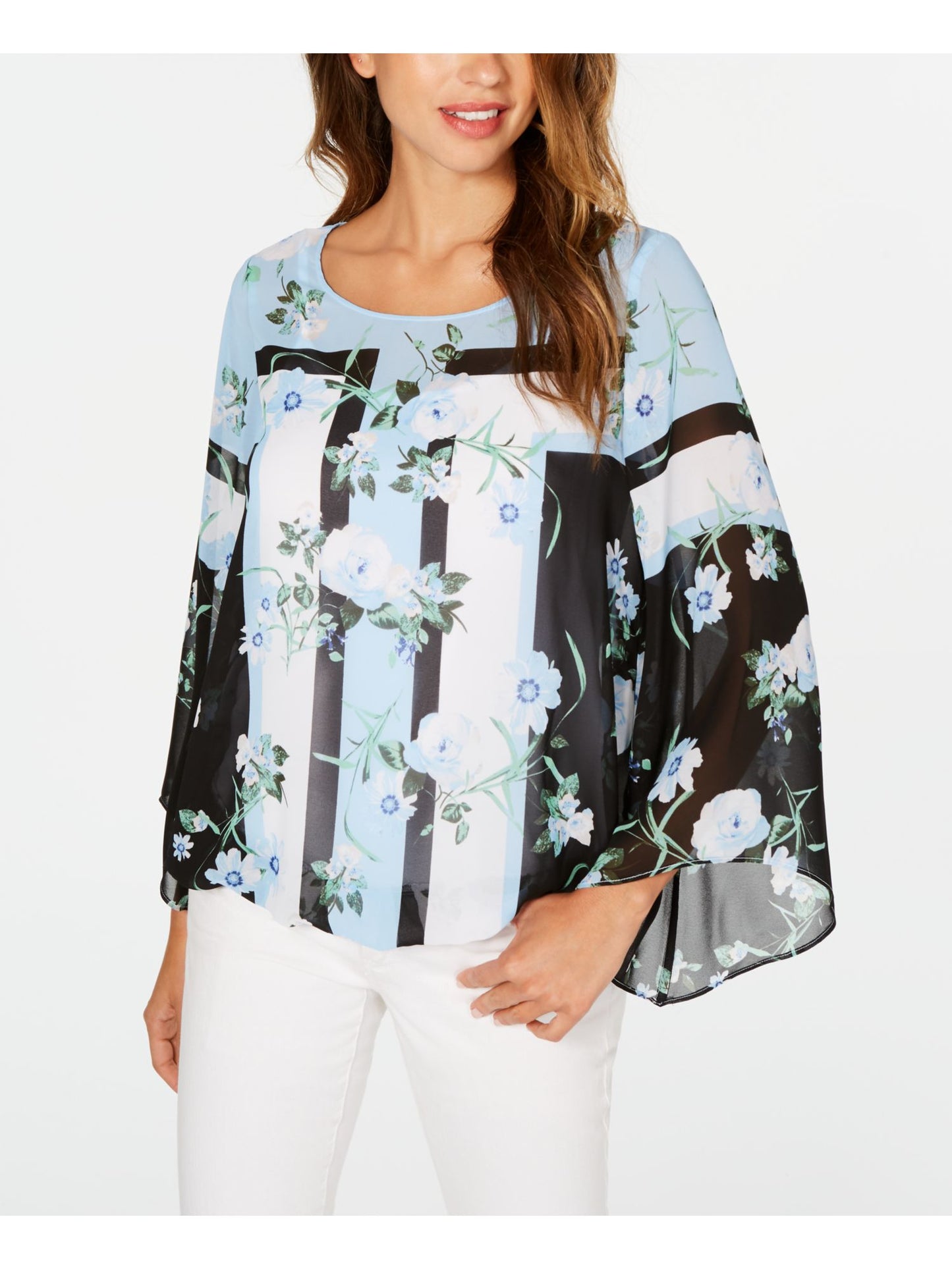 Alfani Womens Floral Bell Sleeve Cowl Neck Top Blue Petite Small