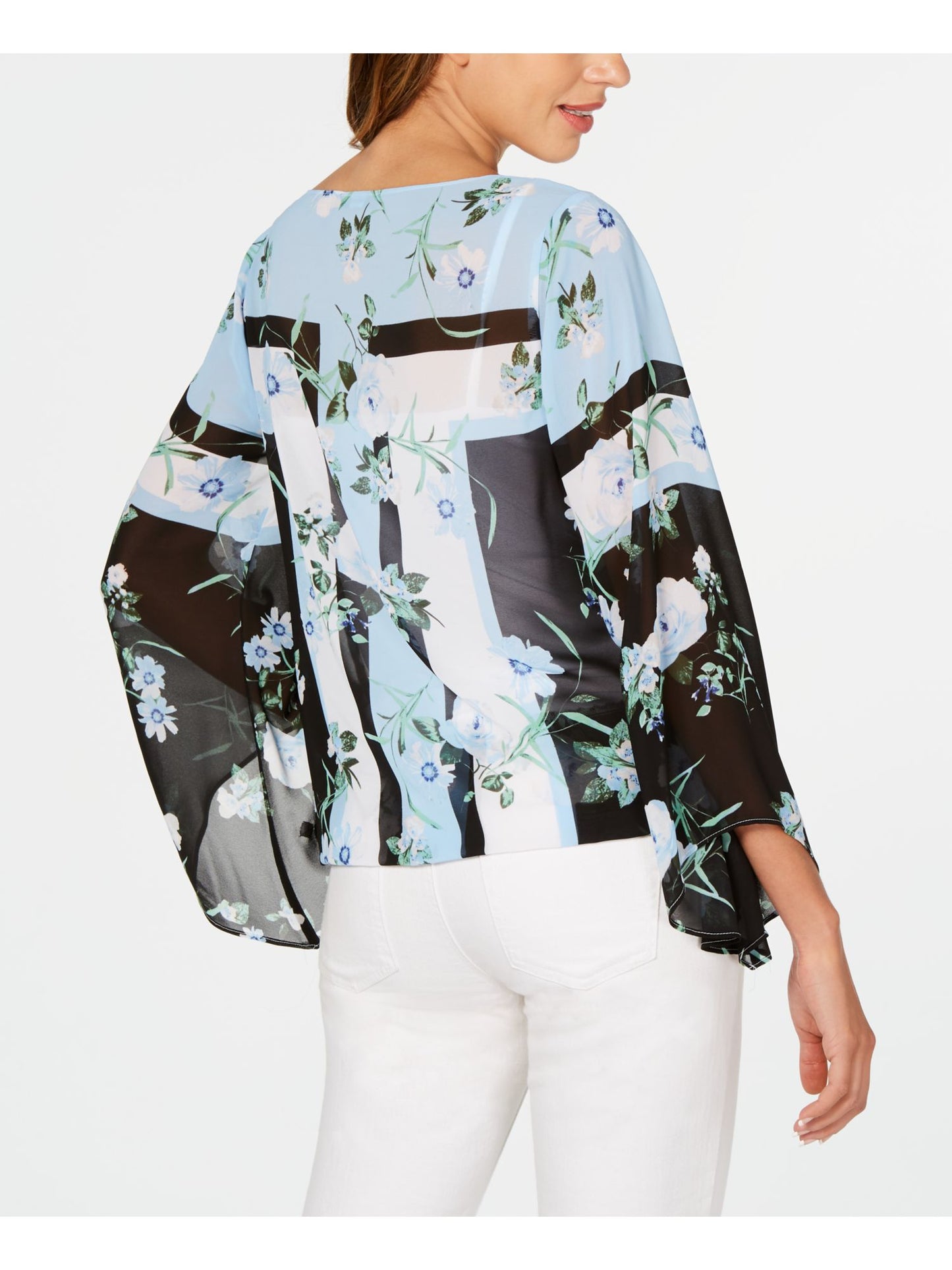 Alfani Womens Floral Bell Sleeve Cowl Neck Top Blue Petite Small