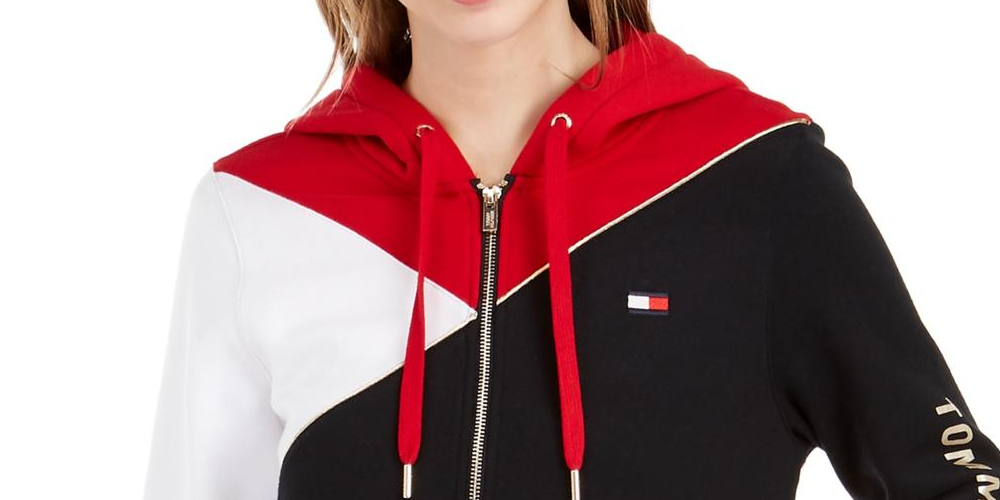 Tommy Hilfiger Women's Sport Colorblocked Zip up Hooded Sweatshirt Black Size Medium