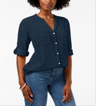 Charter Club Women's Split Neck Utility Shirt Blue Petite Small