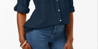 Charter Club Women's Split Neck Utility Shirt Blue Petite Small