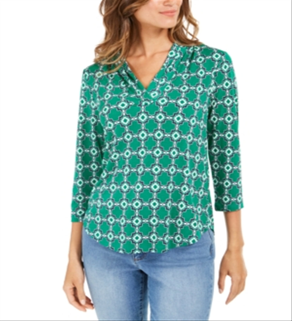 Charter Club Women's Printed 3/4 Sleeve Top Green Petite Medium