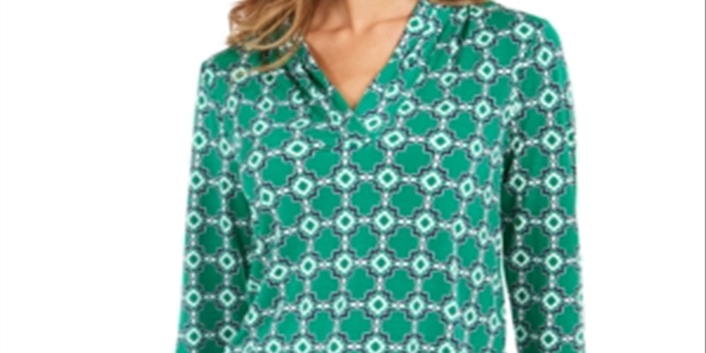 Charter Club Women's Printed 3/4 Sleeve Top Green Petite Medium