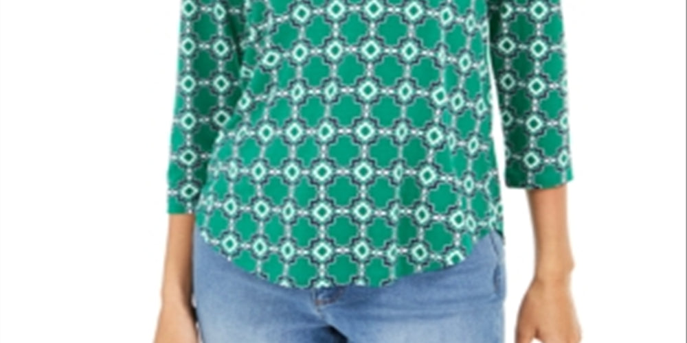 Charter Club Women's Printed 3/4 Sleeve Top Green Petite Medium