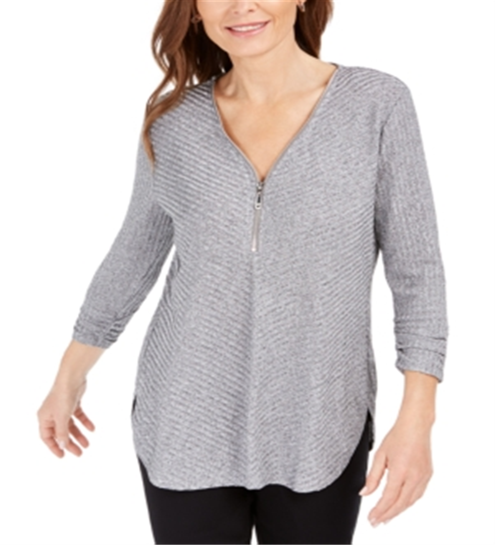 JM Collection Women's Ribbed Zip-Detail Sweater Gray Size Small
