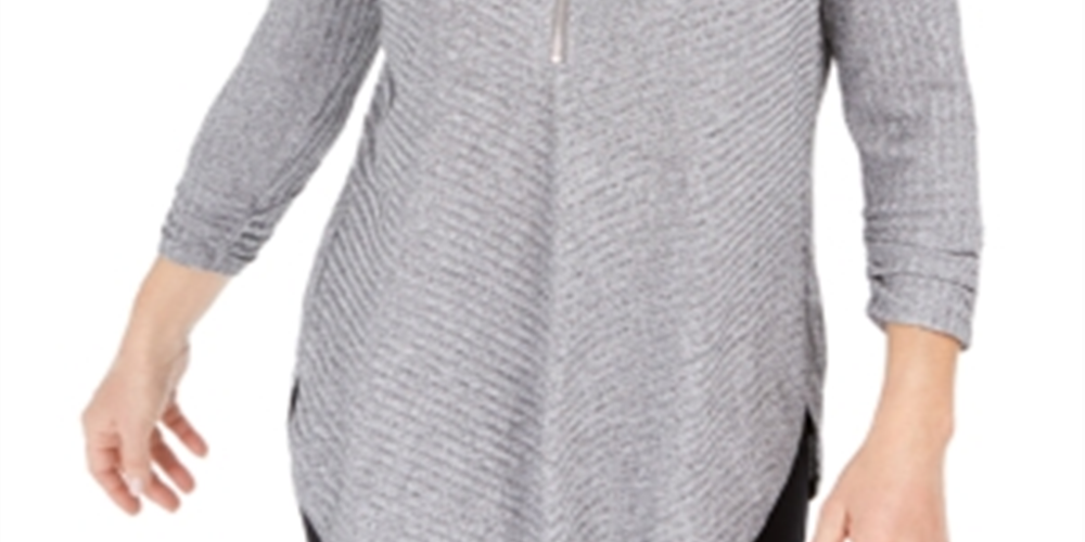 JM Collection Women's Ribbed Zip-Detail Sweater Gray Size Small