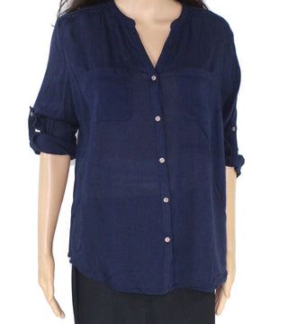 Charter Club Women's Split Neck Utility Shirt Blue Size Petite L