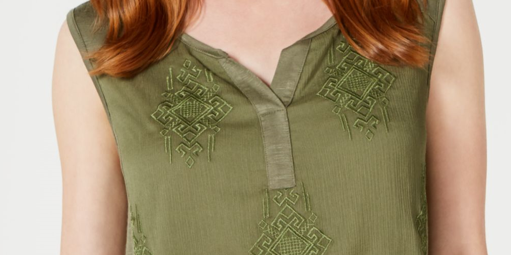 Style & Co Women's Embroidered Sleeveless Tank Top Green Size Large
