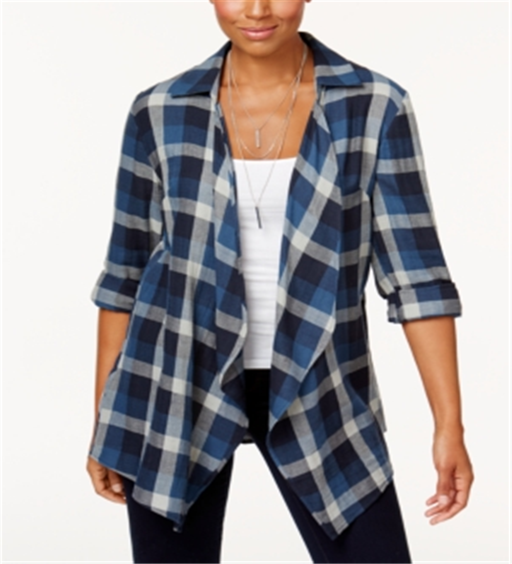 Style & Co Women's Cotton Open Front Plaid Completer Blue Size X-Large