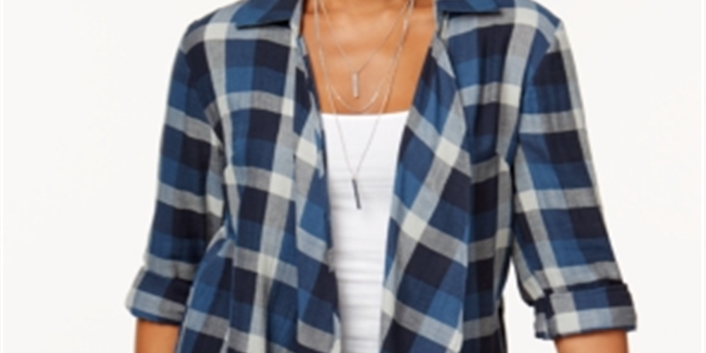 Style & Co Women's Cotton Open Front Plaid Completer Blue Size X-Large