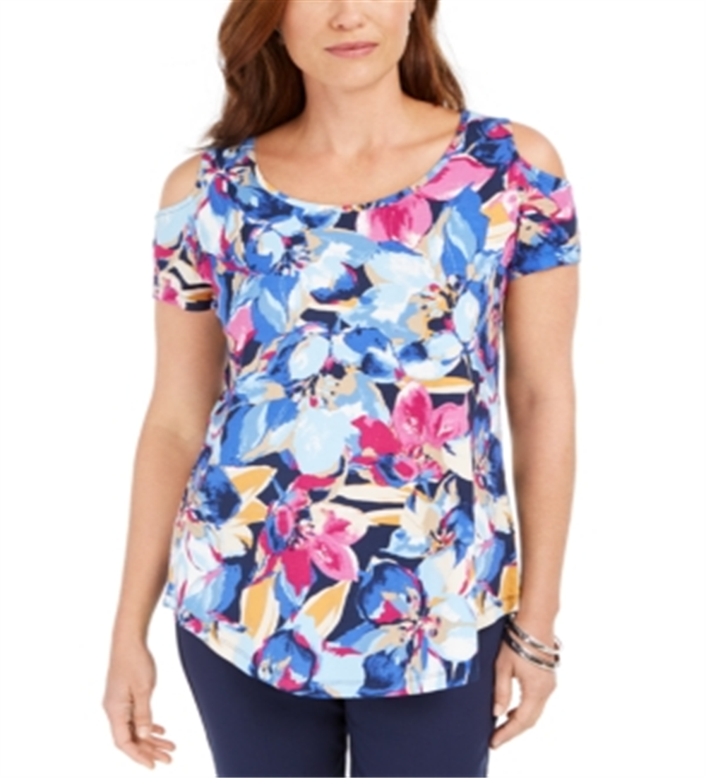 JM Collection Women's Printed Cold Shoulder Top Blue Size X-Small
