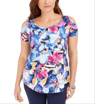 JM Collection Women's Printed Cold Shoulder Top Blue Size X-Small