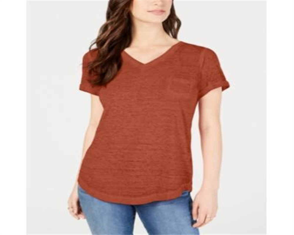 Style & Co Women's Burnout V Neck T-Shirt Cider Orange Size Petite L