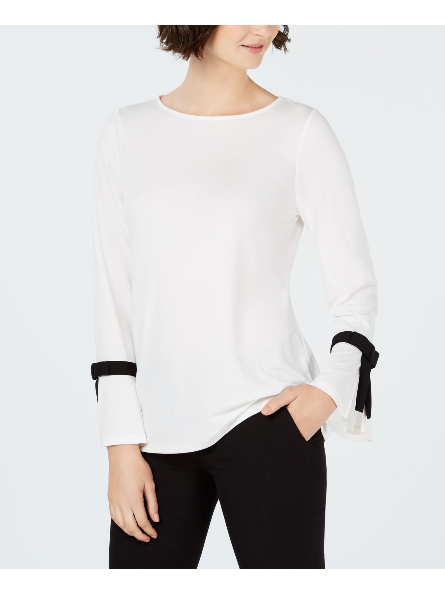 Charter Club Women's Solid Long Sleeve Jewel Neck Top White Size Medium