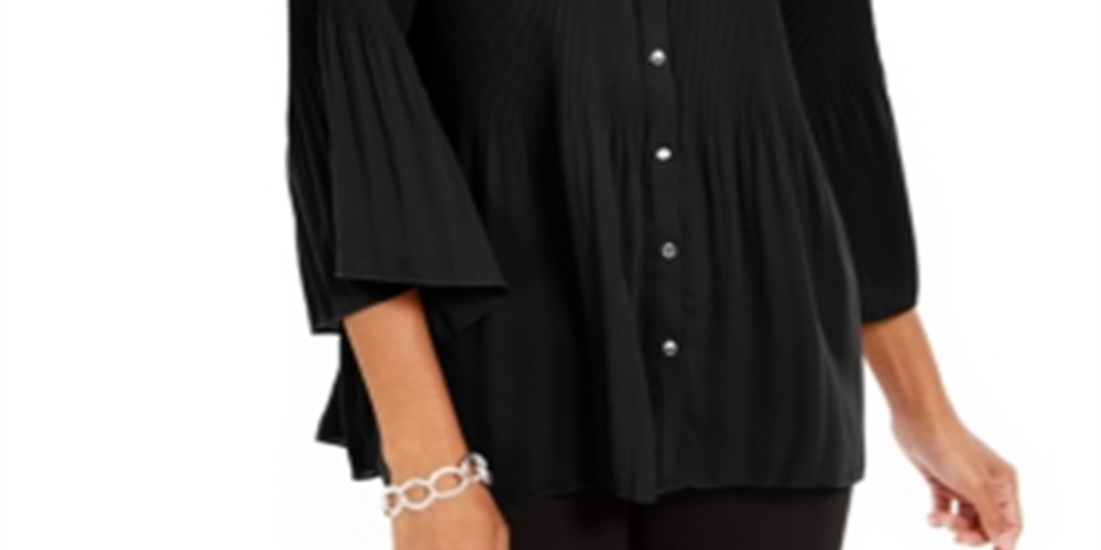 NY Collection Women's Pleated Button Front Bell Sleeve Top Black Size Petite Medium